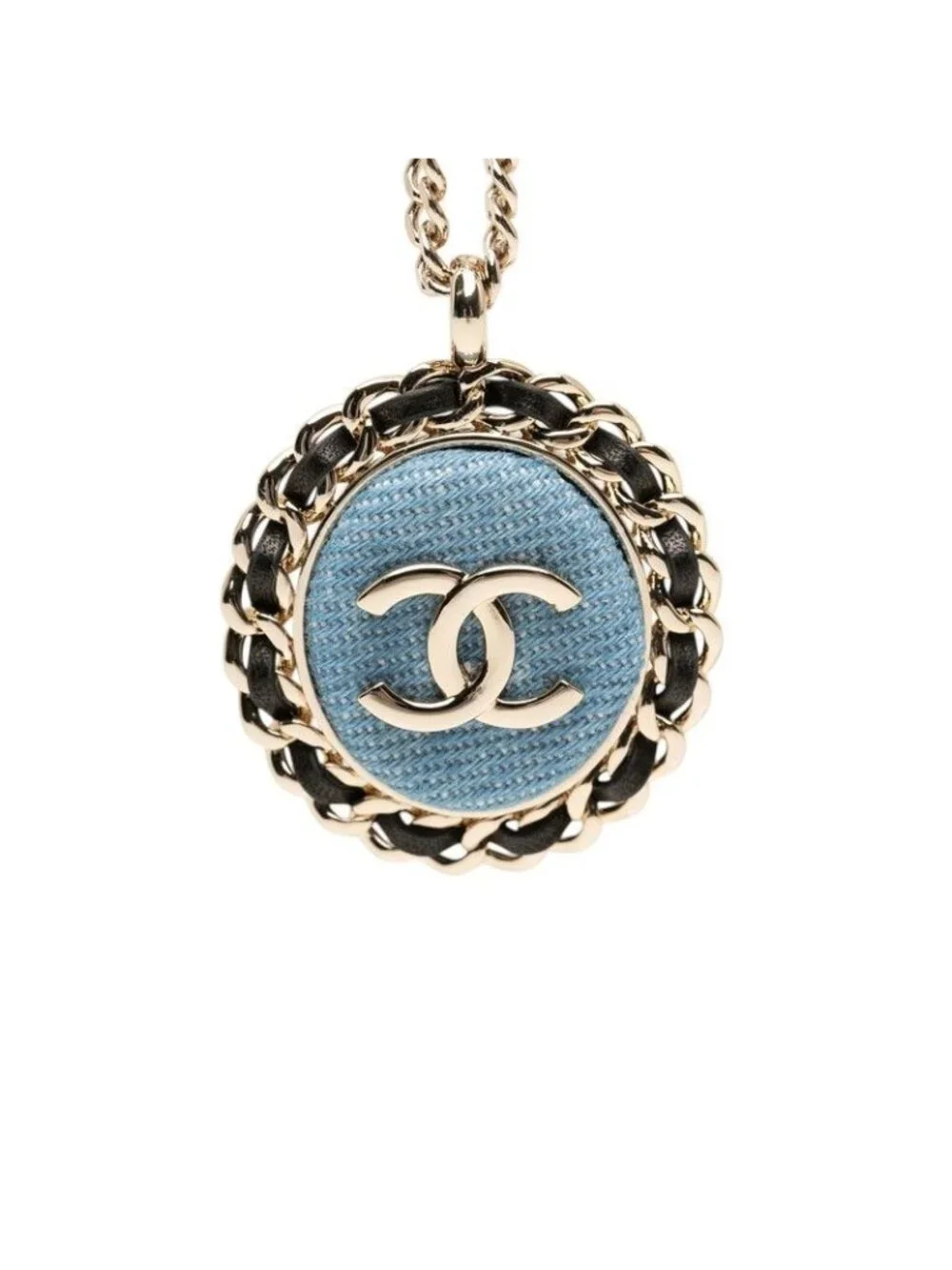 Chanel CC Logo Chain Necklace Gold Blue Black Plated Leather Denim